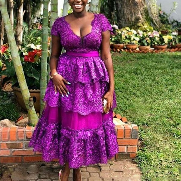 

A-Line Short Sleeve Prom Dresses Sexy Deep V-Neck Beads Lace Appliques Sash Party Gowns Elegant Cocktail Dress African Women Evening Gowns
