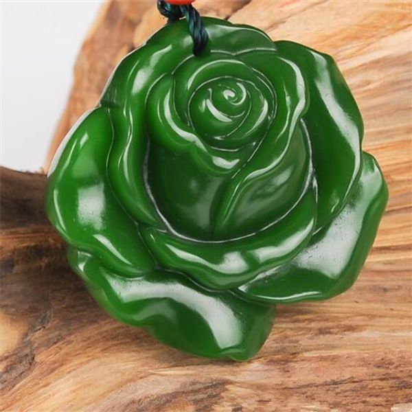 Novo Natural Jade China Verde Branco Jade Pingente Colar Amuleto Lucky Rosas Flores Estátua Coleção Verão Ornamentos ZXC001