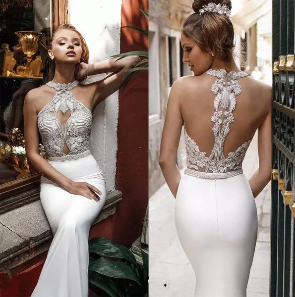 

2019 julie vino bridal halter neck heavily embellished bodice mermaid wedding dress sleeveless beach vestido de novia, White