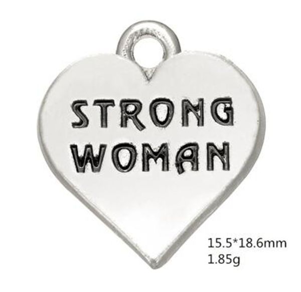 

2021 strong woman on heart positive message engraved charms for jewelry making metal word pendants, Bronze;silver