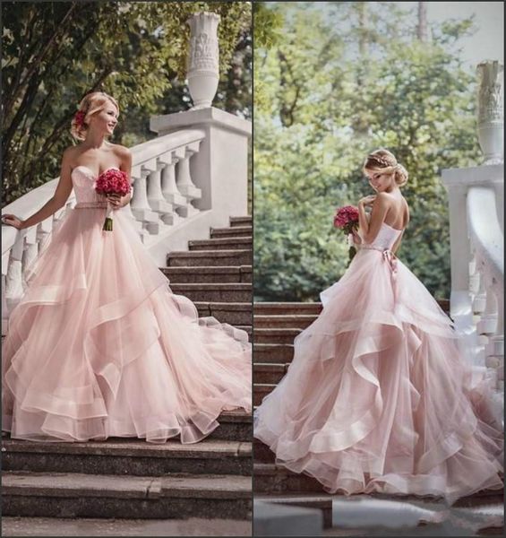 Изысканный Румяна Розовый Милая Свадебные Платья Tiers Sash Тюль Загородный Поезд Плюс Размер vestido de noiva Свадебное Платье Бал Для Невесты