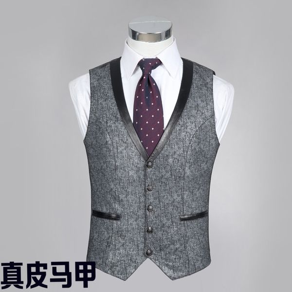

new 2018 leather man ma3 jia3 single-breasted warm autumn gray cultivate one's morality leather vest, Black;white