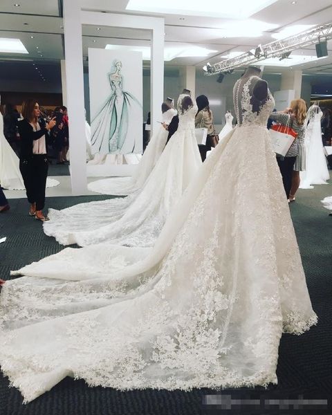 

deep v neck a line wedding dresses overskirts luxury lace appliued chapel train illusion back 2018 custom made plus size wedding gown, White