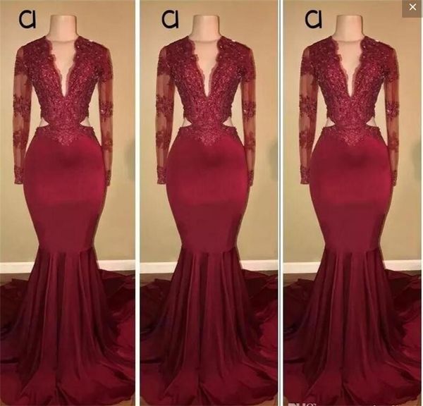 

burgundy mermaid evening dresses sleeves long deep v neck cutaway sides prom dress long appliques lace sequins robes de soirée cocktail gown, Black;red