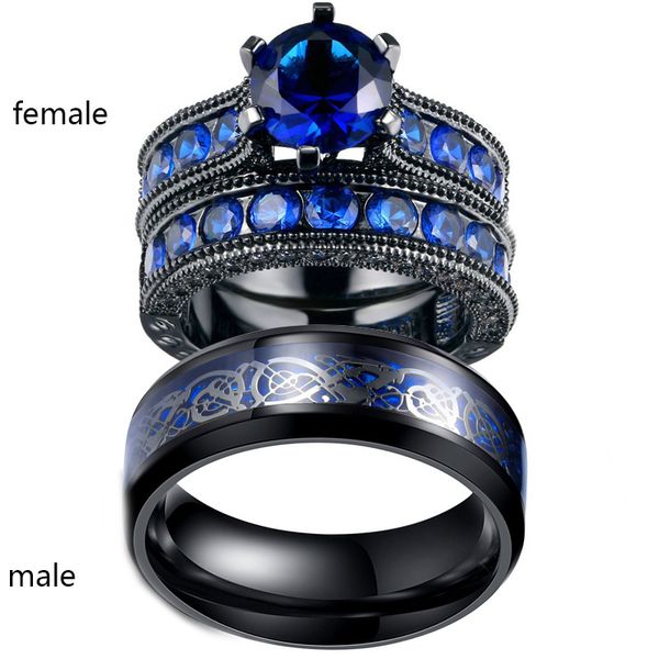 

Sz5-12 (TWO RINGS) Couple Rings His Hers Black Gold Filled Round 1ct Blue Sapphire Women's Ring Sets Men's Dragon Pattern Stainless Steel Ri