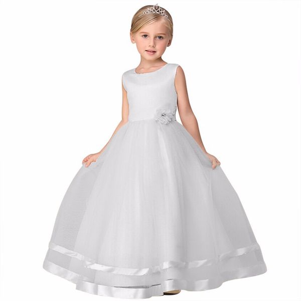 

2018 New Summer Children's Clothing Girls Wedding Princess Dresses Baby's Solid Color Flower Boat Neck Children's Sleeveless A-Line Dress