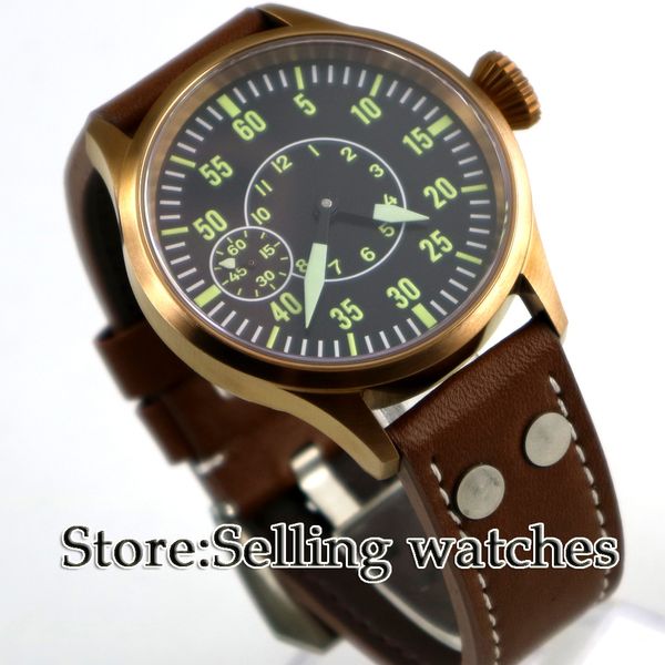 

43mm corgeut black dial bronze case sapphire glass 6497 hand winding men's watch, Slivery;brown