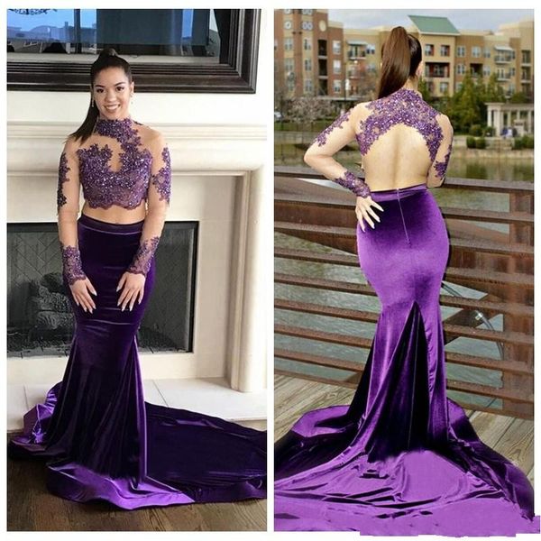 

high neck lace appliqued long sleeves open back lace prom dresses velvet mermaid evening gown robes de soiree tendance longue, Black;red