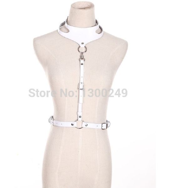 

women stud punk leather harness goth handmade body bondage halter white black waist belt chest belt metal hook rock, Black;white