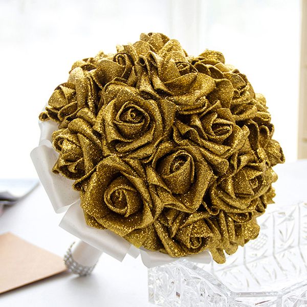Bouquet da sposa da sposa in oro con fiori fatti a mano con paillettes Rosa rossa Forniture per matrimoni Sposa con spilla Bouquet CPA1586303f