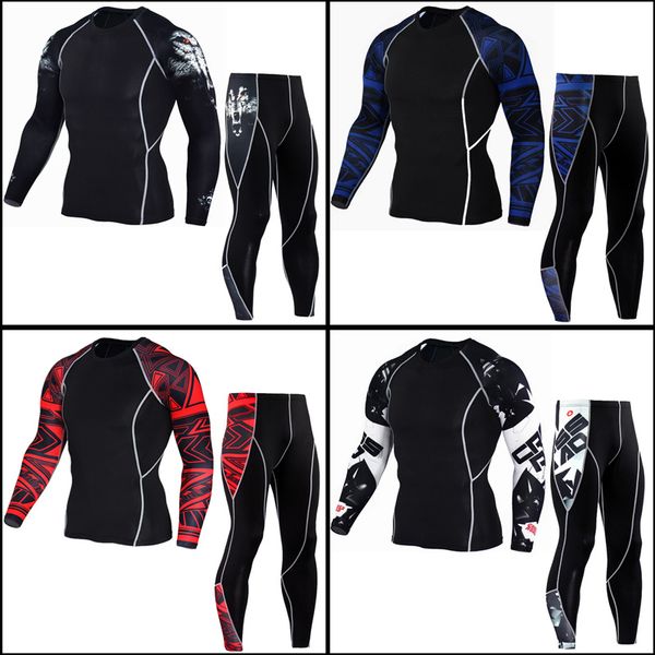 

wolf 3d printed tshirt compression tights men fitness running set breathable long sleeve sport rash guard gym cycling clothing, Black;blue