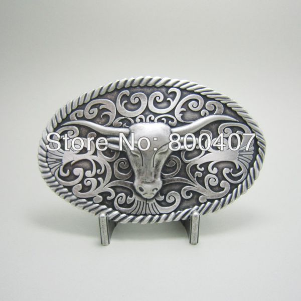 

retail silver plated long horn bull western oval belt buckle buckle-wt015sl only buckle no stand in stock ship, Black;brown