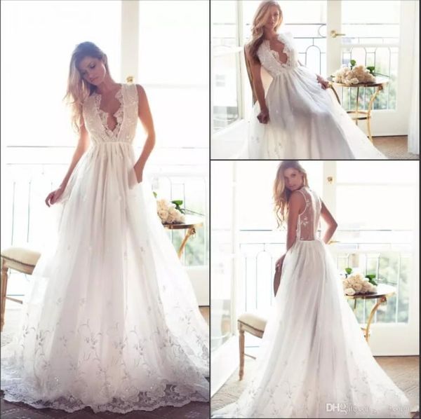 

романтические свадебные платья 2020 погружаясь v шеи illusion назад кружева аппликации свадебные платья деревенское платье de novia линия св, White