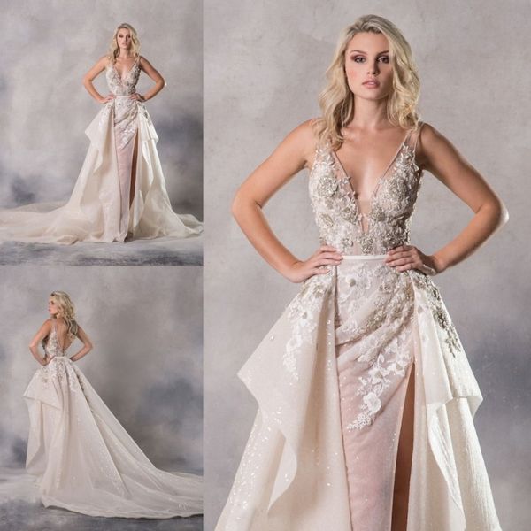 

anna georgina 2019 summer wedding dress deep v neck illusion 3d floral appliques sequins beaded bridal gowns with detachable train, White