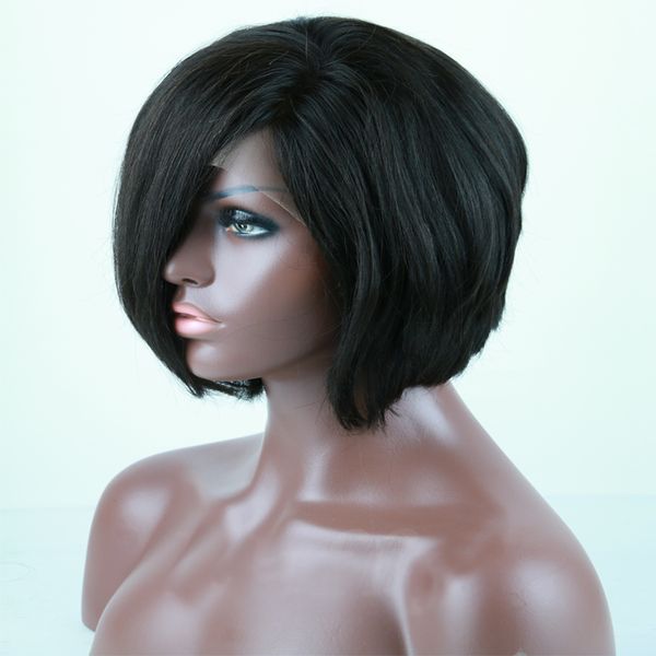 

short cut bob lace front wig straight brazilian indian virgin human hair natural black pre plucked frontal wigs, Black;brown