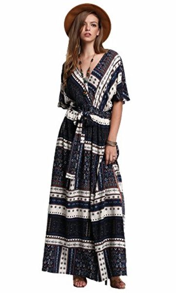 

milumia women's boho split tie-waist vintage print maxi dress, Black;gray
