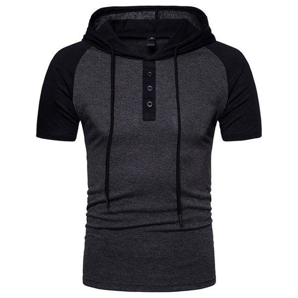 

2018 модный бренд тенденция slim fit с коротким рукавом футболка мужчины личность шить тройник с капюшоном мужчины футболка хлопок повседнев, Black