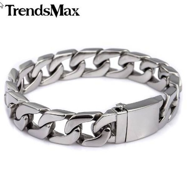 

trendsmax 13mm 316l stainless steel bracelet mens wristband curb silver color hb83, Golden;silver