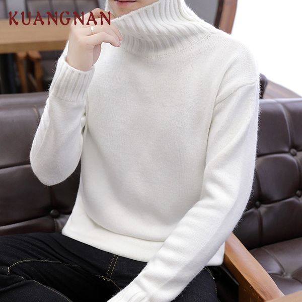 

kuangnan solid turtleneck men sweater man pullover turtleneck men sweater white christmas mens coat 2018 new, White;black