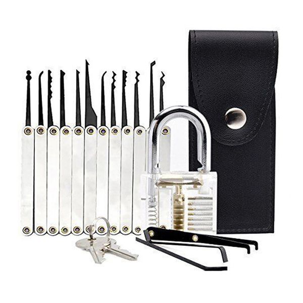 

Transparent Practice Padlock 12 Piece Unlocking Lock Pick Set Key Extractor - Basic Practicing Lock Picking Set for Locksmith Beginners