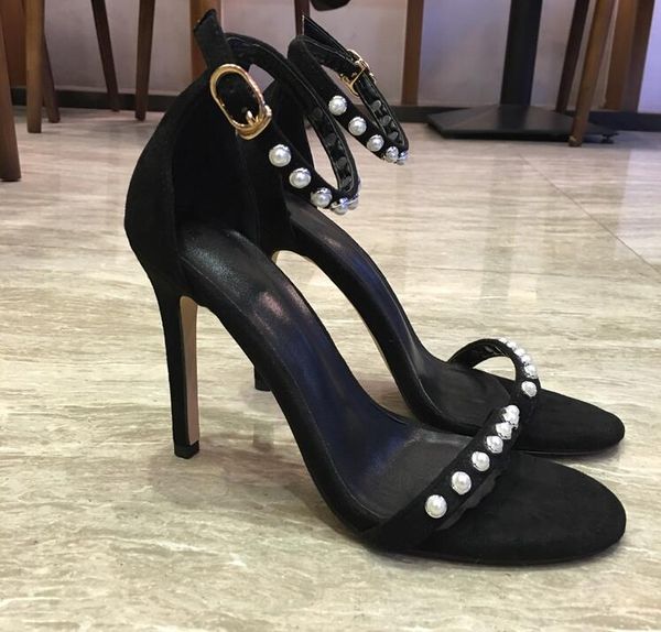 

fashion women pumps black suede leather pearls one strappy high heels sandals slingback shoes thin heels genuine leather