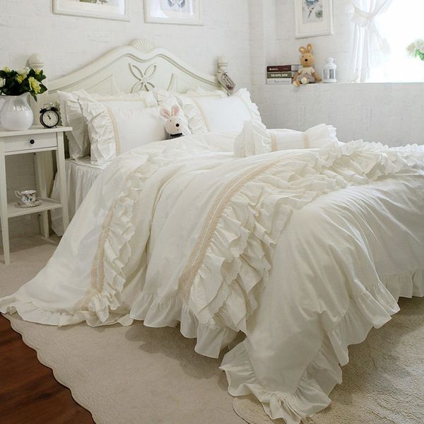 Top Beige Elegant Bedding Set Ruffle Layers Duvet Cover Bedding