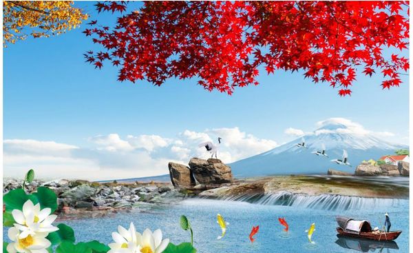 

3d wallpaper mural decor p backdrop hd japan fuji mountain maple leaf lotus wall art mural for living room large painting home decor