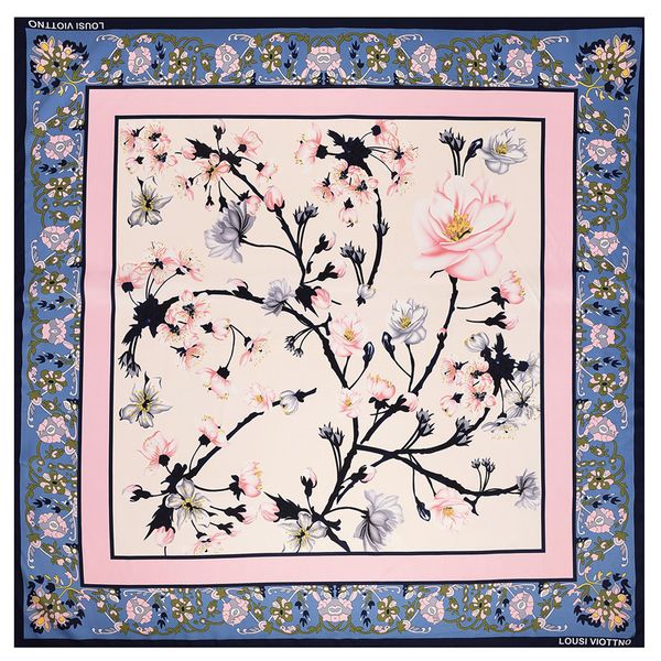

2018 silk square women floral print scarf luxury foulard femme hijabs vintage flower twill scarves wholesale 130cm*130cm, Blue;gray