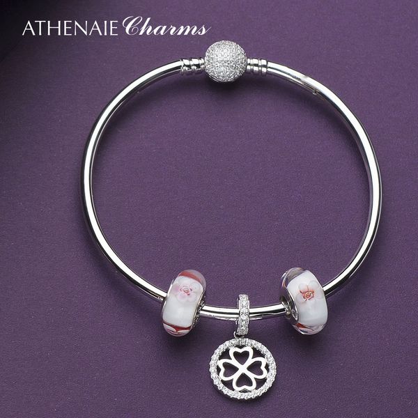 

athenaie 925 sterling silver lucky clover pendant with romantic cherry blossoms beads bracelets & bangles for women, Black
