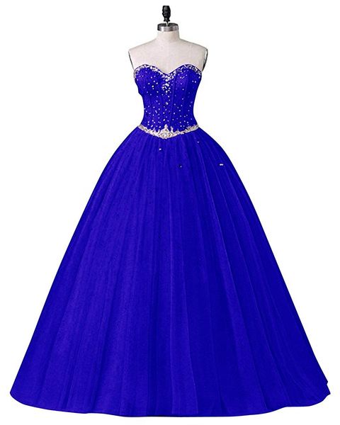 

2018 new long sweetheart ball gown tulle quinceanera dresses beaded crystal masquerade sweet 16 prom party prom gown, Blue;red
