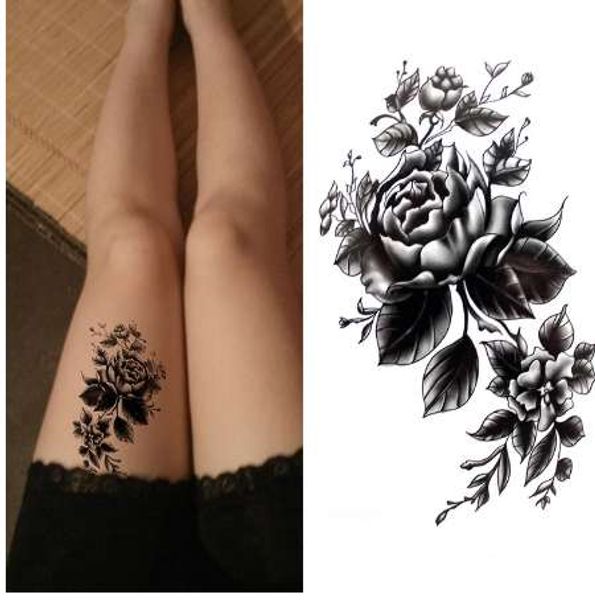 Nero grande fiore Body Art Impermeabile Temporaneo Sexy tatuaggi coscia rosa Per Donna Flash Tattoo Adesivi 10*20 CENTIMETRI KD1050