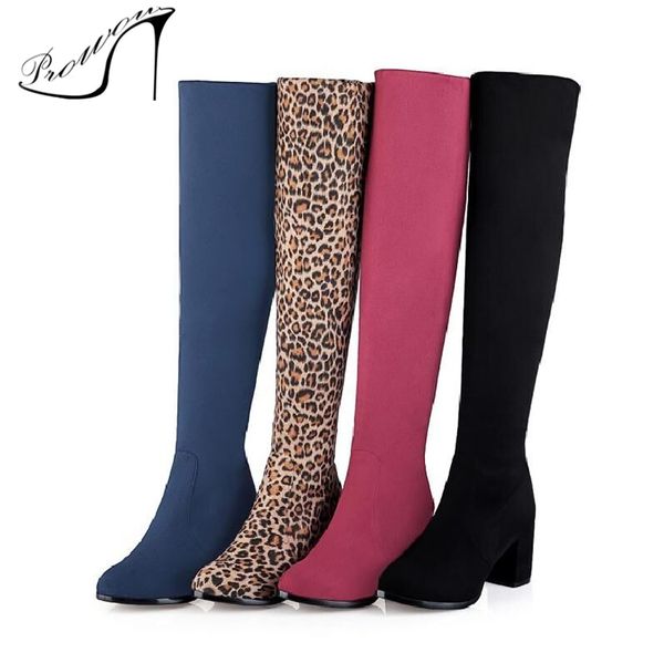 

prowow long winter woman boots leopard printed autumn over the knee shoes high heel elastic pointed thigh high boots, Black