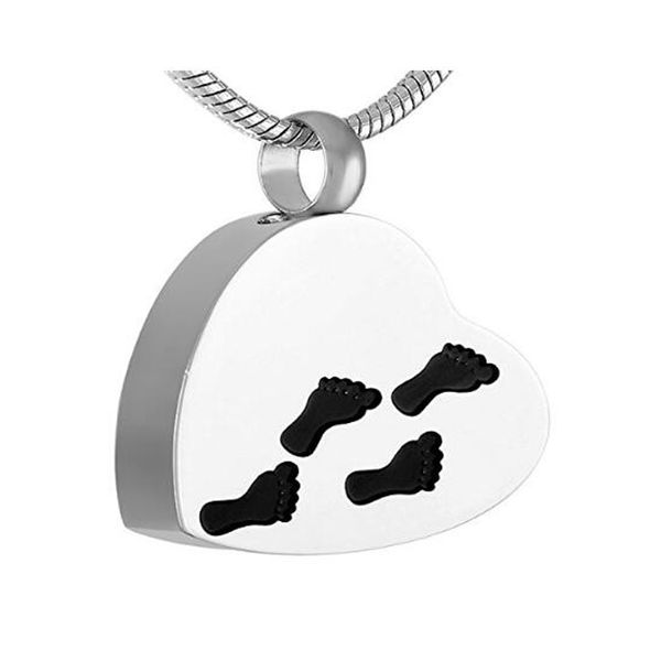 Gioielli di cremazione Collana urna per ceneri argento cuore commemorativo pendente keepsake in acciaio inox 'baby child footprint'