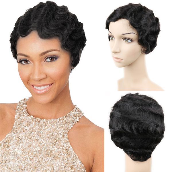 

brazilian remy hair short wavy fringer wave wig for black women 100% human hairs wigs mommy, Black;brown