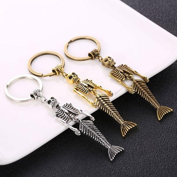 

skull mermaid key chain metal mermaid key chain creative design zombie fishtail mermaid keychain punk style, Silver