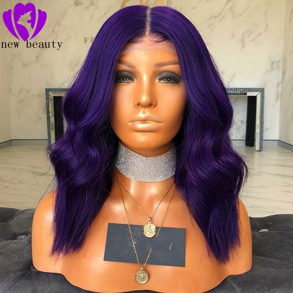 

bob style 14inches short wig natural wavy heat resistant fiber synthetic lace front lavender dark purple wigs for women, Black