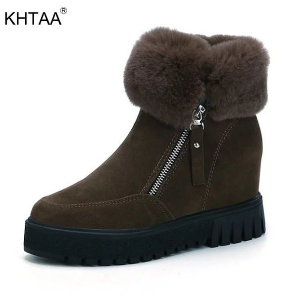 

khtaa fashion faux suede zipper women ankle boots platform increasing height snow boots warm plush female fluffy winter shoes, Black