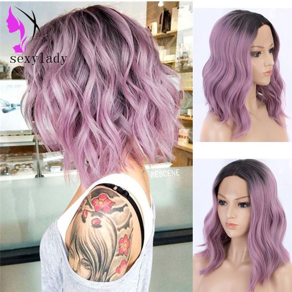 Hotselling Natural Water Wave Short Bob Pelucas sintéticas para mujeres Peluca rizada Cosplay ombre dos tonos púrpura peluca delantera del cordón sintético