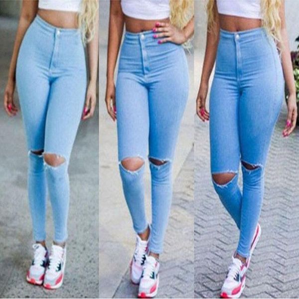 

skinny jeans women denim pants holes destroyed knee pencil casual trousers black white stretch ripped pant, Blue