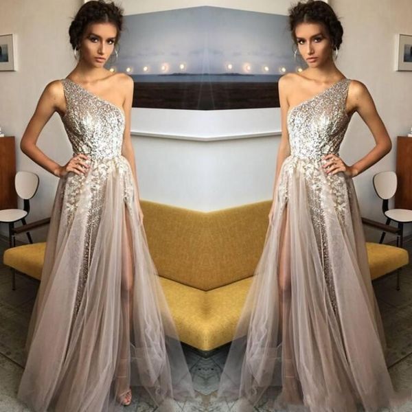 

2019 one shoulder split evening dresses a line tulle lace appliqued long prom dress custom made vintage formal party wear, Black;red