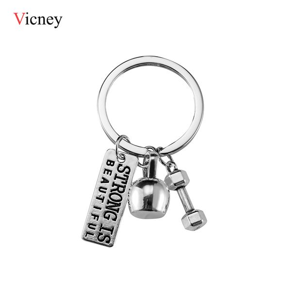 

sports style keychain "strong is beautiful"dumbbells ball teapot pendant bodybuilding key chain men's women's car key ri, Silver