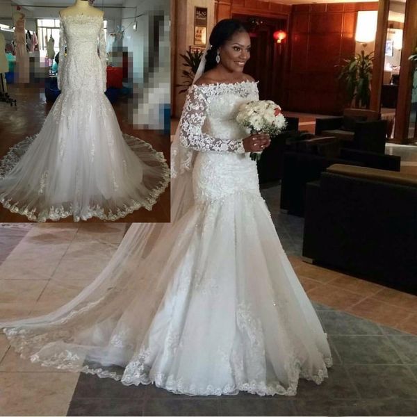 

2018 White Off Shoulder Mermaid Wedding Dresses Long Sleeves Floor Length Bridal Dress Gown Covered Button Plus Size Wedding Dresses