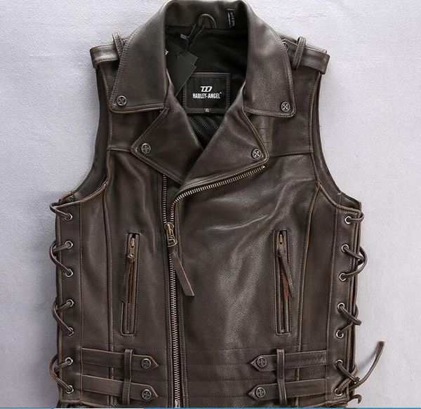 

men vest lapel neck dark brown genuine leather jackets with diagonal zipper sleeveless cow leather windbreaker jacket, Black;white