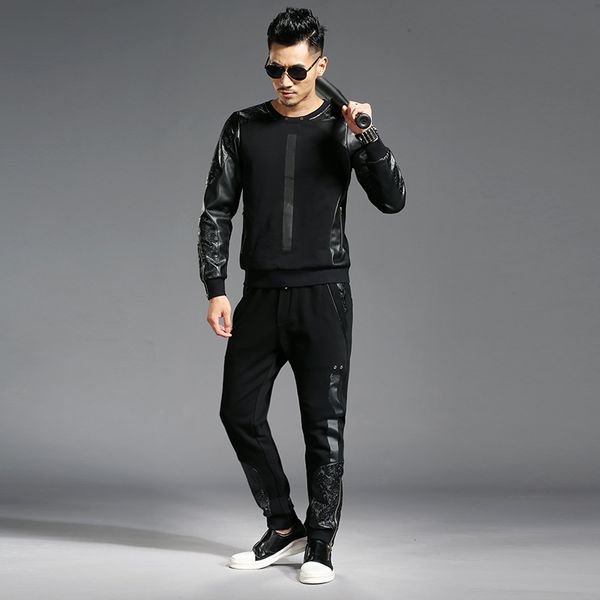 

men's tracksuits autumn winter thick patchwork pu leather sportswear black track suit men two piece set fitness sweatshirt pants mens t, Gray
