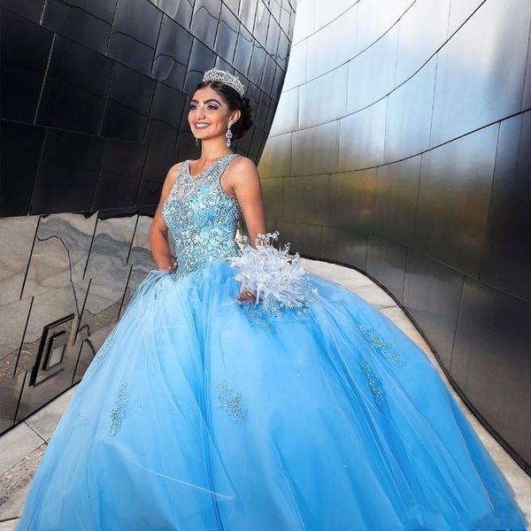 

Light Sky Blue Princess Ball Gown Quinceanera Dresses Jewel Hollow Back Sweep Train Major Beading Appliques Prom Party Gowns For Sweet 15