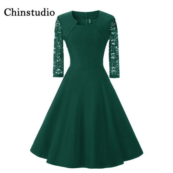 

chinstudio vintage three quarter fashion square collar cotton dresses woman 2018 autumn lace stitching green dress, White;black