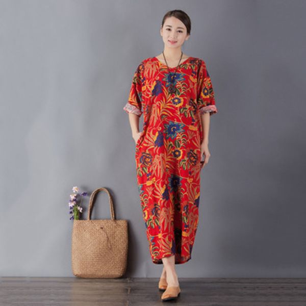 

retro art v-neck cotton and linen dress 01625, Black;gray