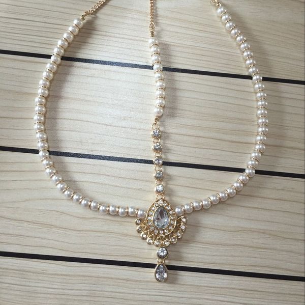 

fashion handmade kundan pearl drop stones hair chain head chain wedding bridal head jewelry, Slivery;golden