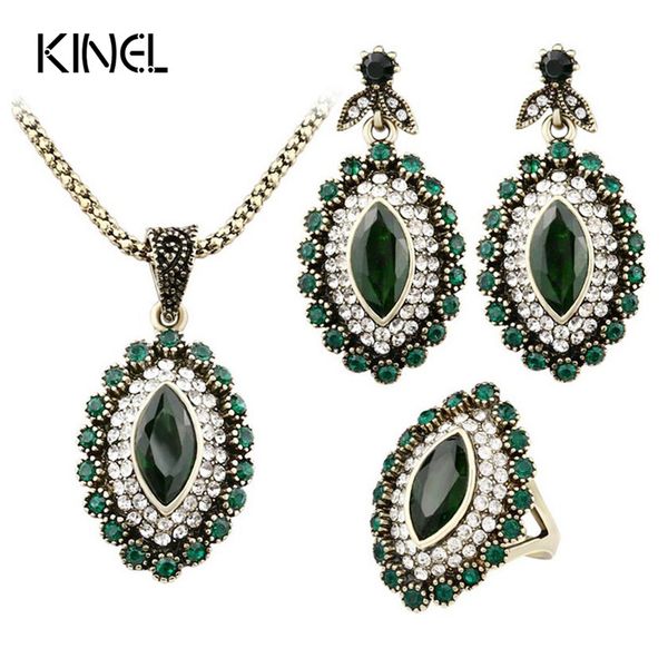 

vintage rhinestone green crystal horse eye flower statement necklace earring fashion jewelry set anel de formatura, Silver