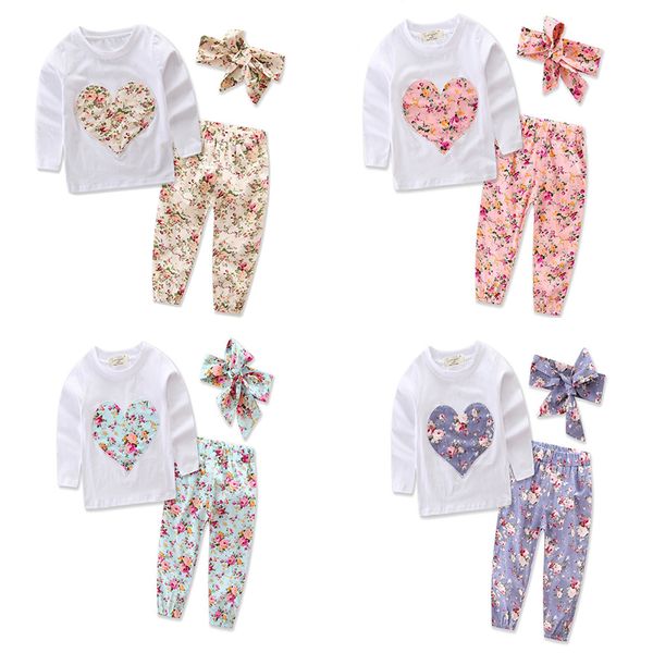 

newborn girls floral outfits flower heart applique embroider pants headband baby kids clothing sets spring autumn 6m-3t, White